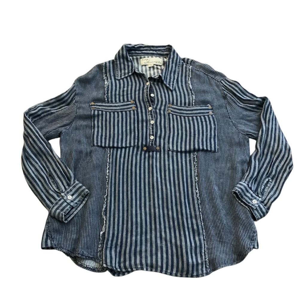 Vintage Havana Mixed Stripe Henley Shacket Boho Coastal Grandma Raw Hem Small